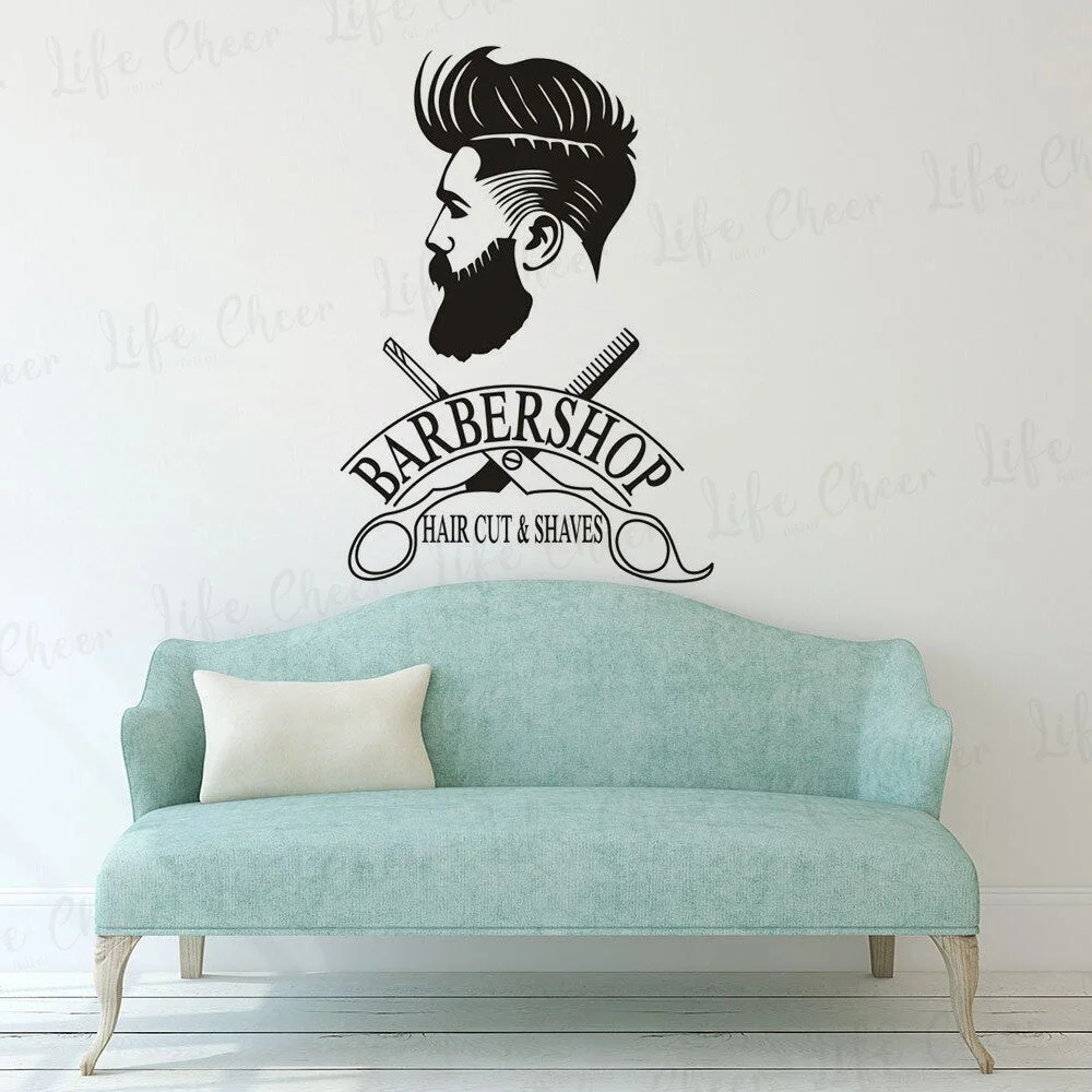Barber Shop Window Decal Hipster Man Wall Sticker Hair Salon Scissors Murals Shave And Haircut Logo Wall Window Poster AZ762