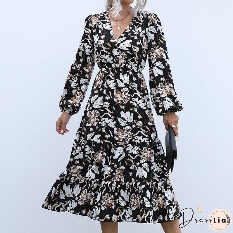 Autumn/winter new womenswear women's print maxi dress V-neck puff sleeve long dress