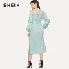 SHEIN Turquoise Lace Yoke Pearl Beading Lantern Sleeve Belted Long Dress Spring Women Solid Laser Cut Hollow Out Midi Dresses