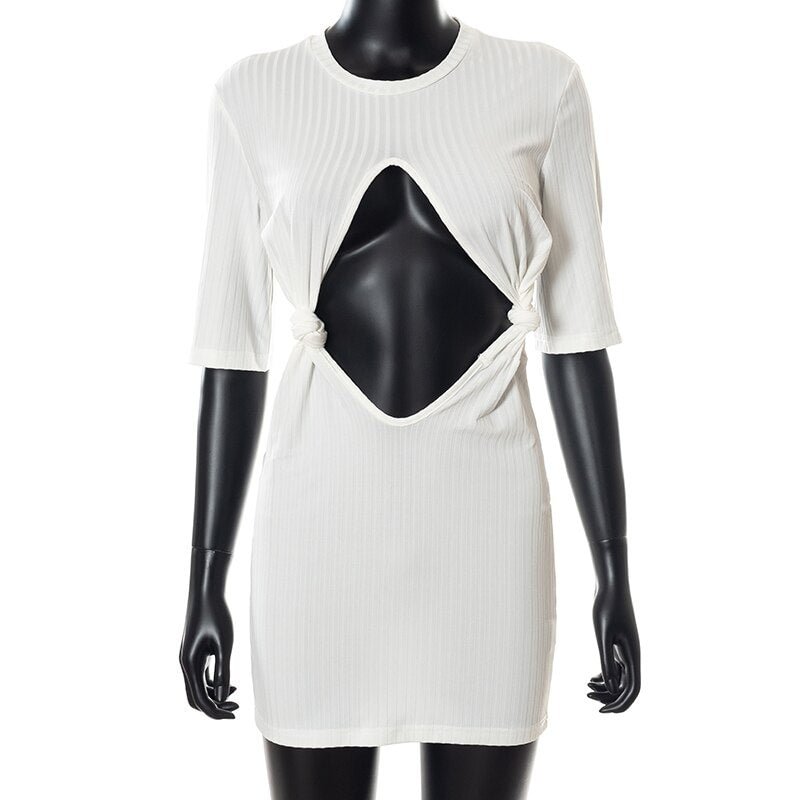 Hugcitar Solid Short Sleeve Hollow Out Backless Bandage Mini Sexy Dress 2021 Summer Autumn Women Fashion Outfits Party Club Y2K