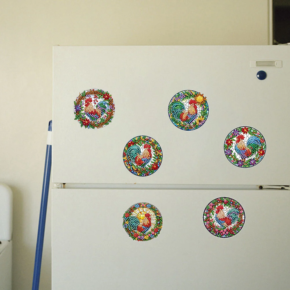  6 Pcs Rooster Diamond Painting Cartoon Fridge Magnetic Stickers