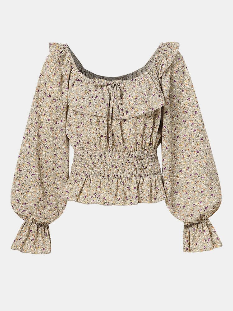 Floral Print Long Sleeve Ruffle Elastic Waist Knotted Casual Blouse P1825617