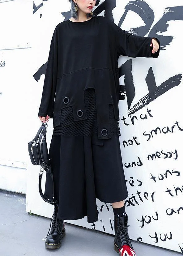 Modern black cotton clothes Women asymmetric patchwork tulle fall Dresses