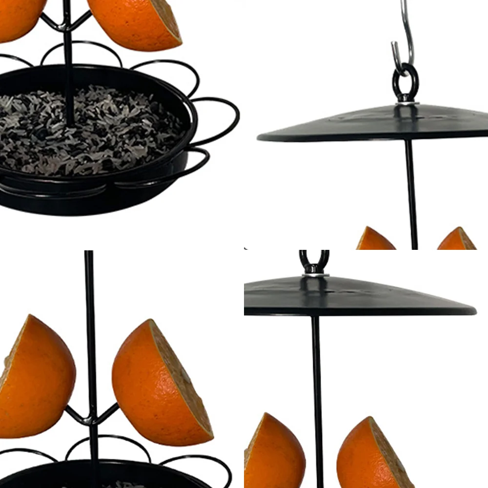 Small rainproof wrought iron bird feeder with fruit inserted outdoors