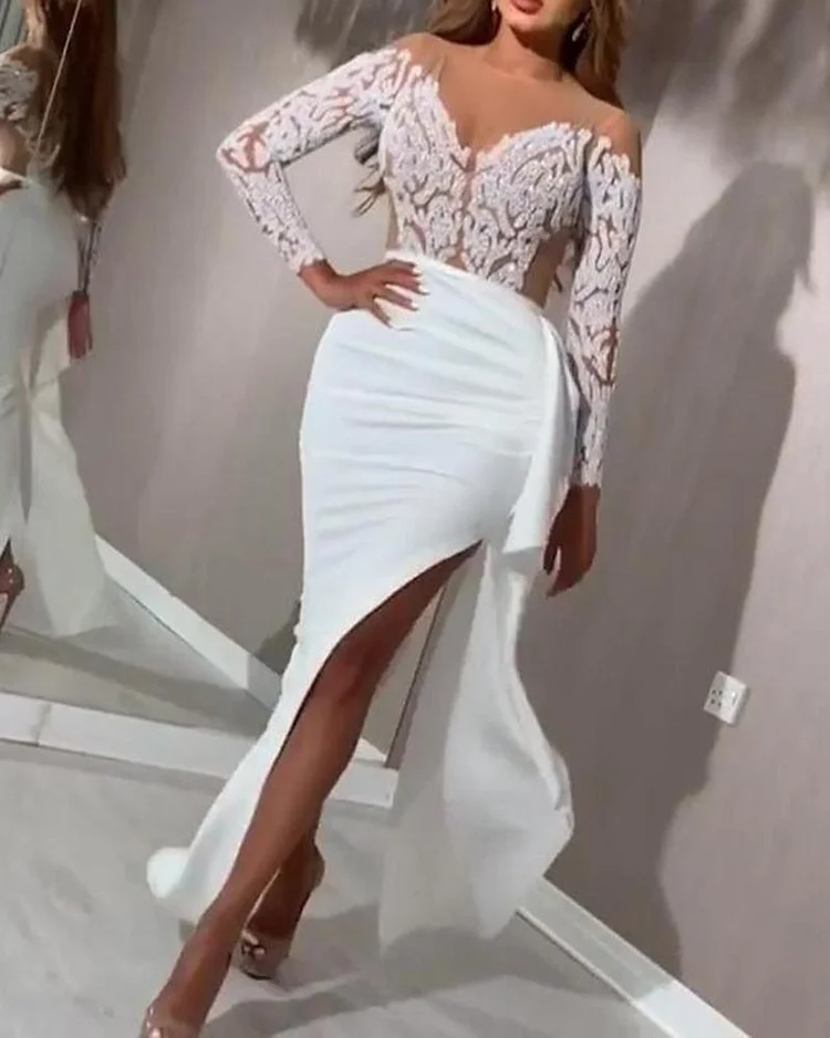 Long Sleeve Sequin Split Wrap Evening Dress
