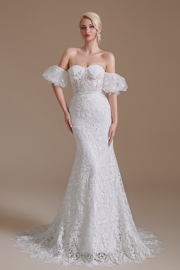 Luluslly Beautiful Sweetheart Lace Long Mermaid Wedding Dress With Detachable Sleeves
