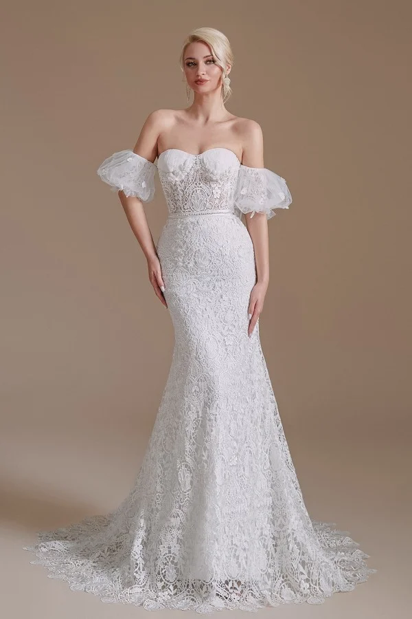 Bellasprom Gorgeous Lace Long Mermaid Wedding Dress With Detachable Sleeves Sweetheart Bellasprom