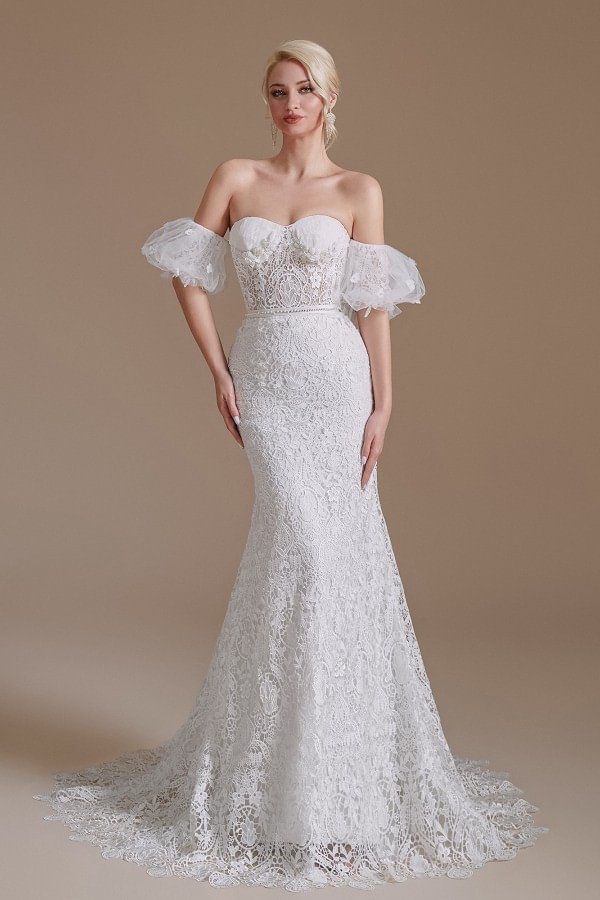 Bellasprom Gorgeous Lace Long Mermaid Wedding Dress With Detachable Sleeves Sweetheart
