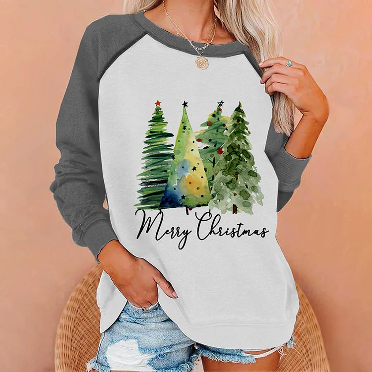 Christmas Tree Print Panelled Long Sleeve Sweatshirt
