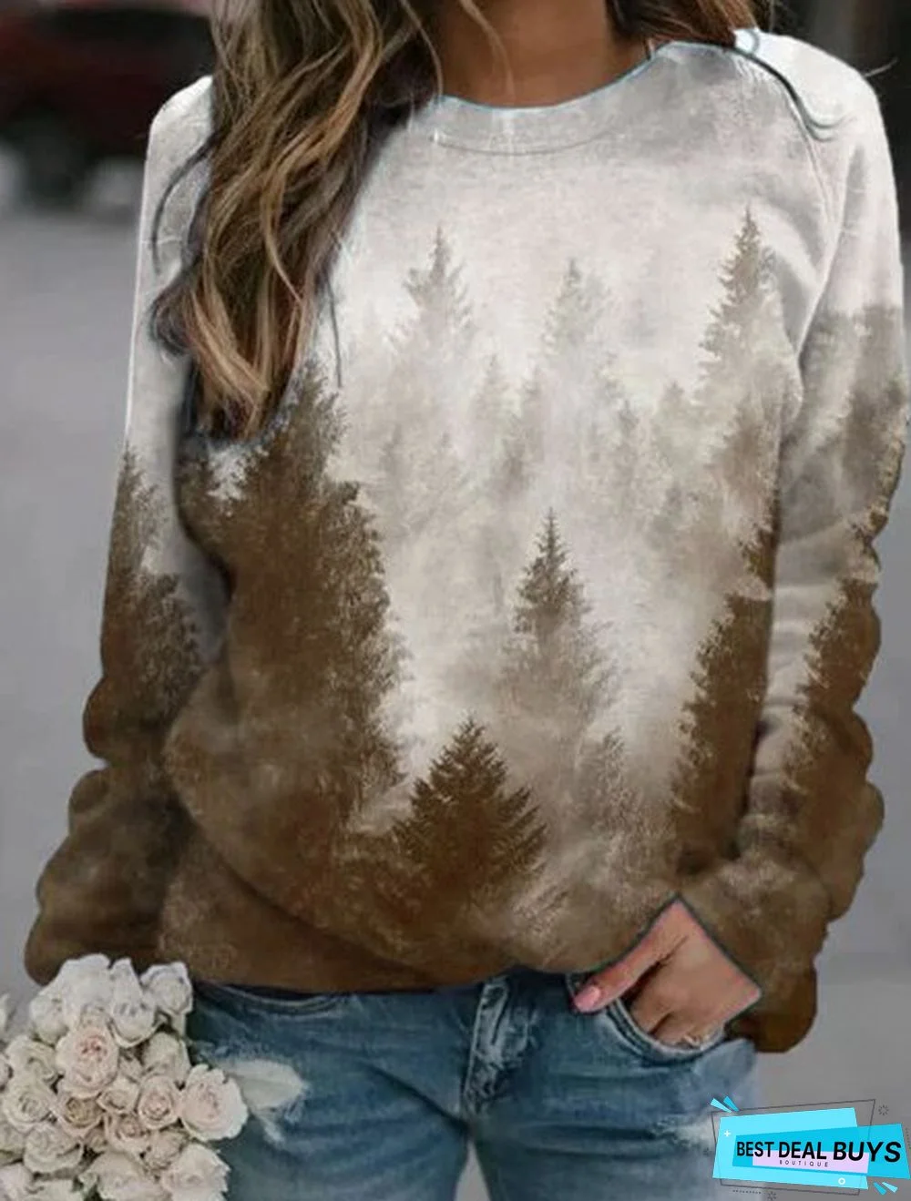 Casual Cotton-Blend Forest Printed Sweatshirt