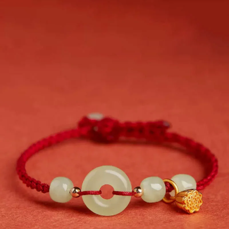 Round Peace Buckle Jade Lotus Happiness Abundance Wealth String Bracelet