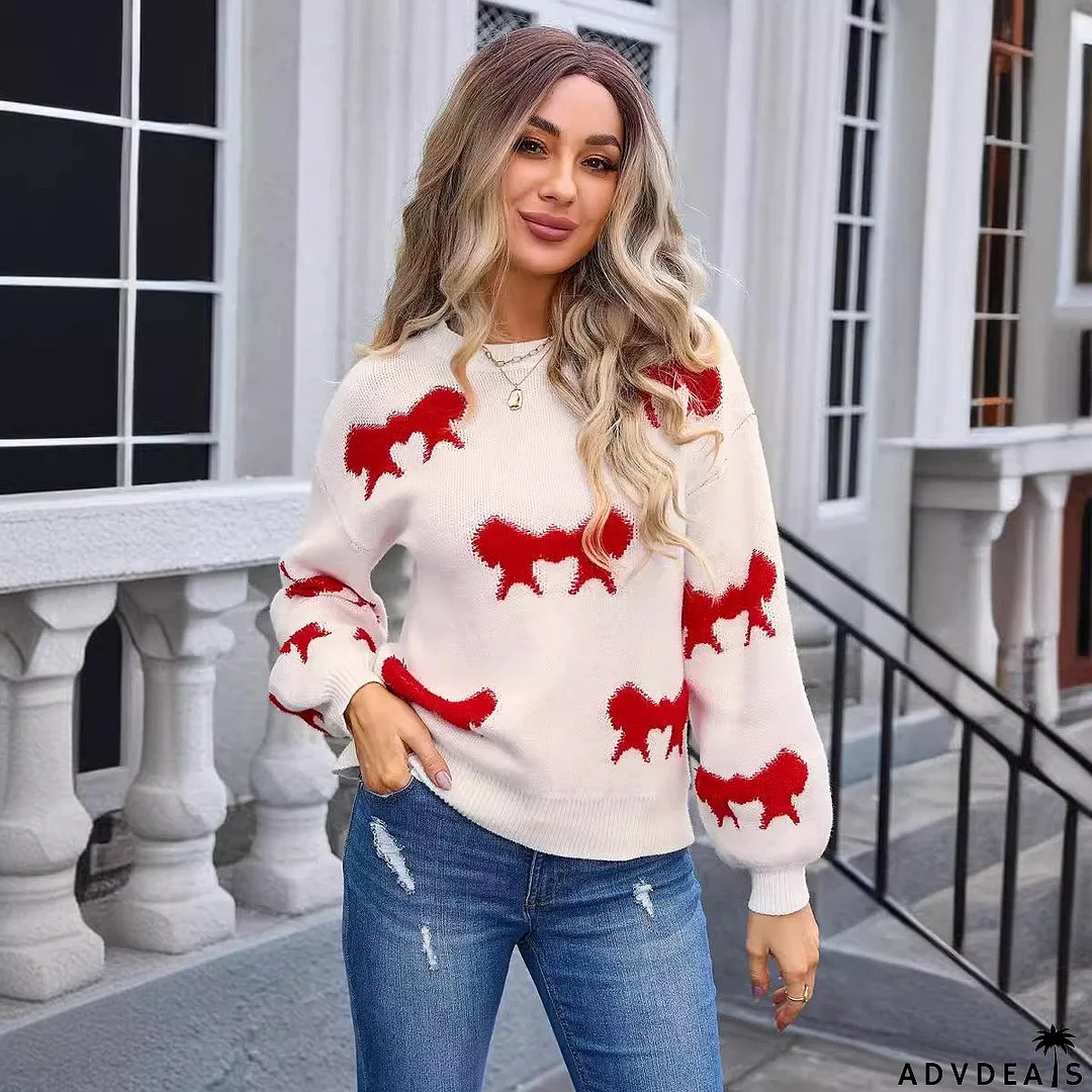 Women's Round-Collar Long-Sleeve Knitwear with Bow