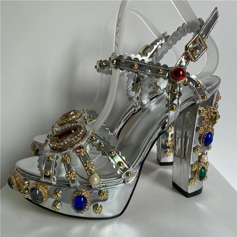 VCSHOES Diamond Platform Chunky Heel Wedding Shoes Woman Ankle Strap Real Leather Rivet Crystal Sandals Women
