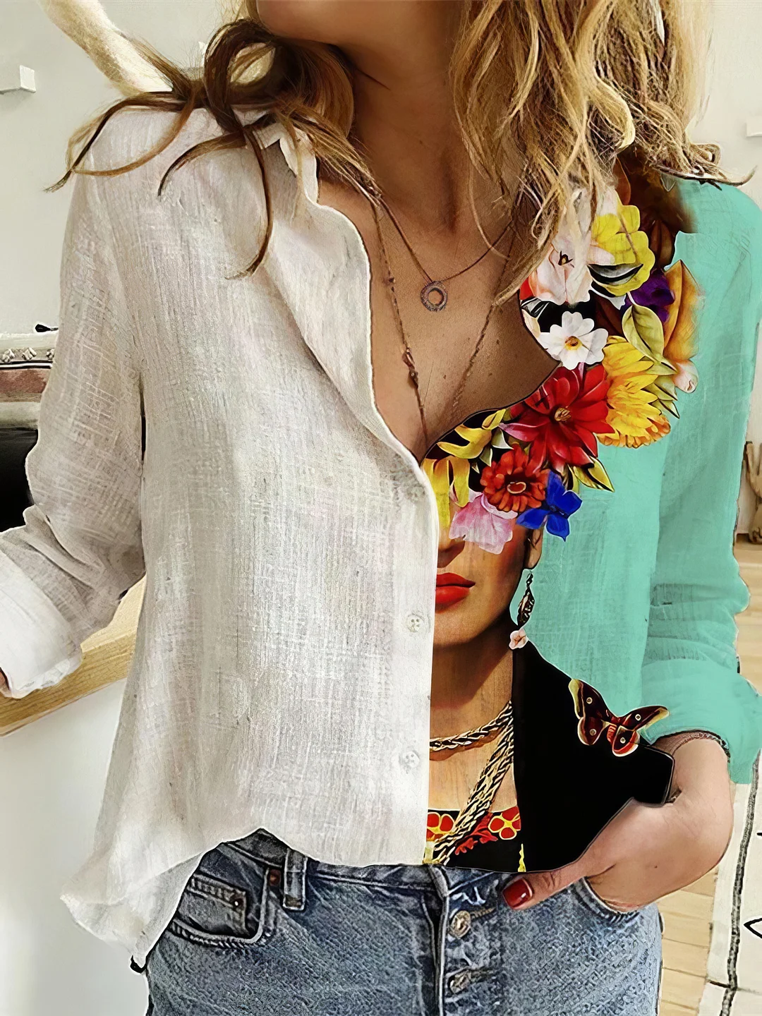 Ladies And Flower Printed Lapel Long Sleeve Shirt