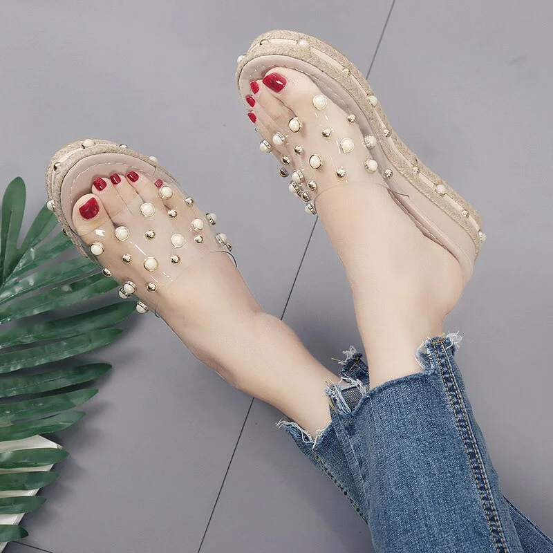 Qengg New Thick-bottomed Slippers Korean Version of The Pearl Word Drag Sandals Transparent Outside Wearing Cool Slippers Women