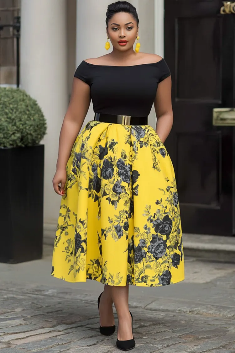 Xpluswear Design Plus Size Business Casual Gold Floral Off The Shoulder Short Sleeve Pocket Contrast Midi Dresses [Pre-Order] 2024 - Xpluswear
