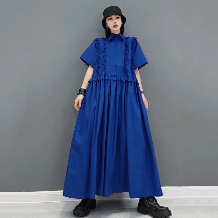 Solid Color Turn-down Collar Fungus Short Sleeve Ankle-length Dress 