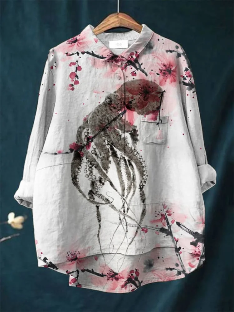 Vintage Japanese Octopus Pattern Art Print Casual Cotton And Linen Shirt