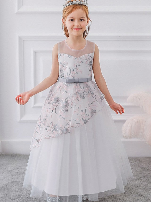 Oknass Ball Gown Sleeveless Illusion Neck Flower Girl Dresses Tulle  With Sash  Ribbon  Bow Embroidery