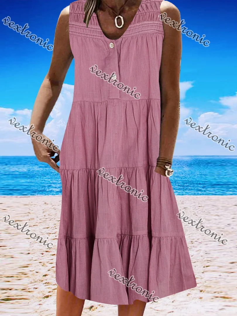 Women's Pink V-Neck Sleeveless Solid Color Midi Dress