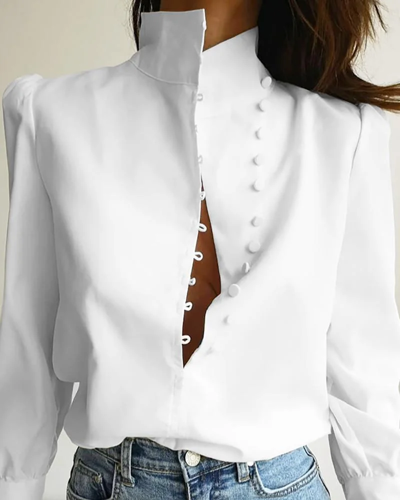 Solid Color Long Sleeve Stand Collar Shirt