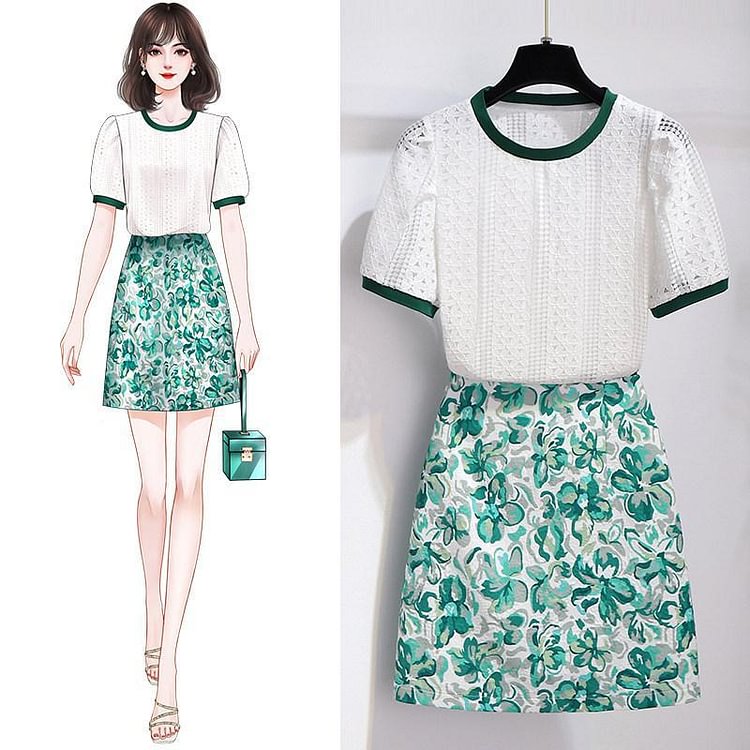 Sweet Lace Tee+Floral Skirt P15786