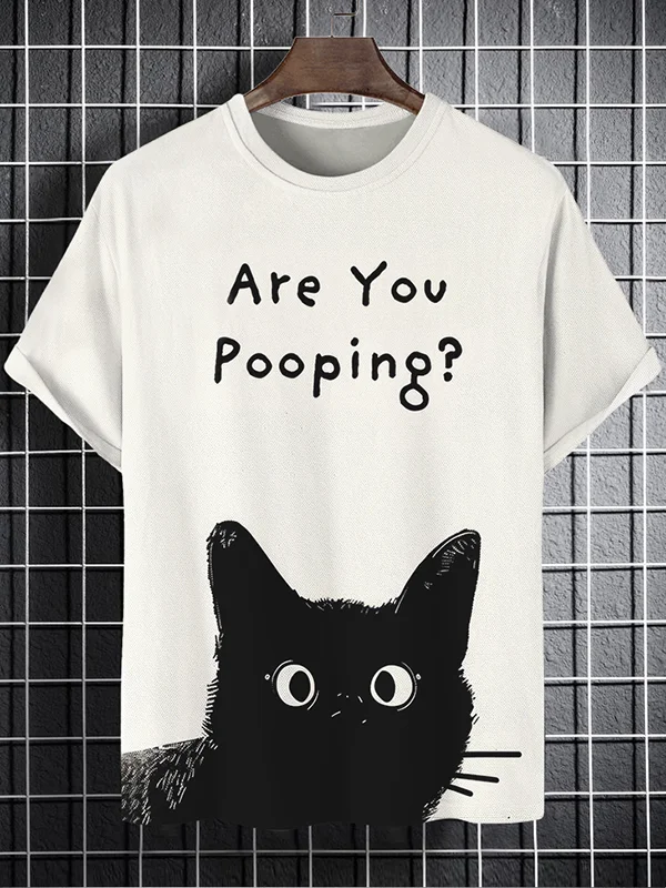 Men's Funny Black Cat Are You Pooping Graphic Print T-Shirt