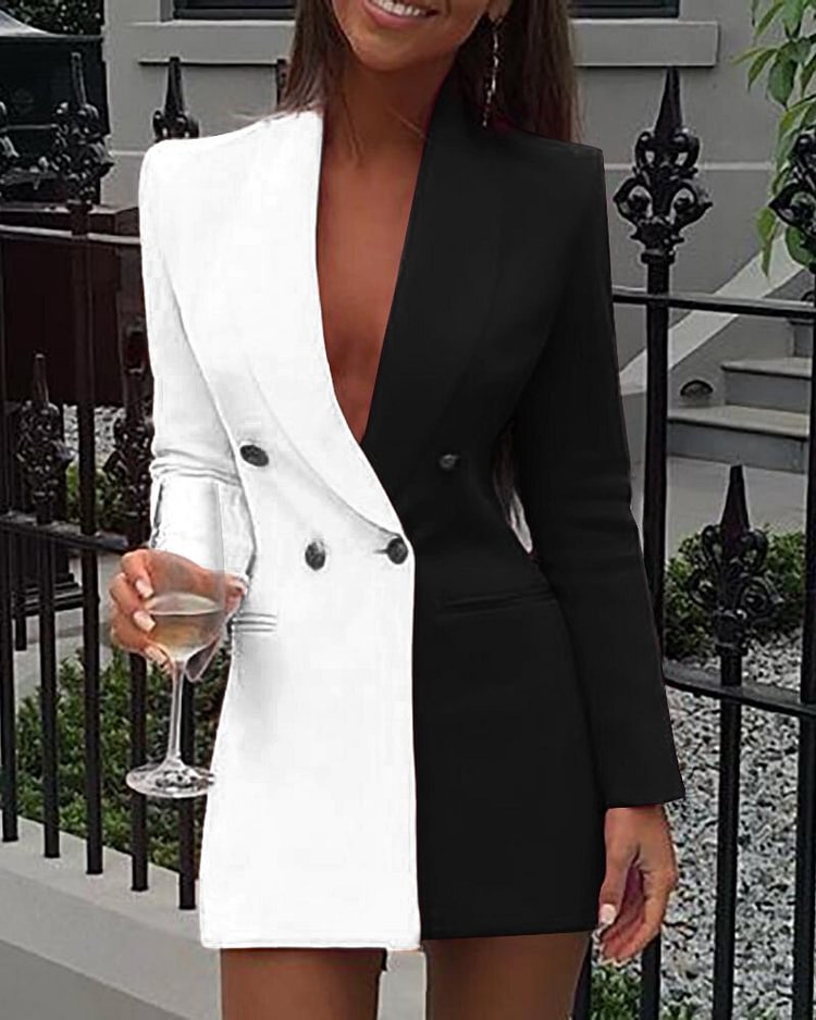 Women Office Dress Colorblock Patchwork Long Sleeve Blazer Dress Sexy Deep V Neck Button Design Casual Mini Dress Workwear - BlackFridayBuys