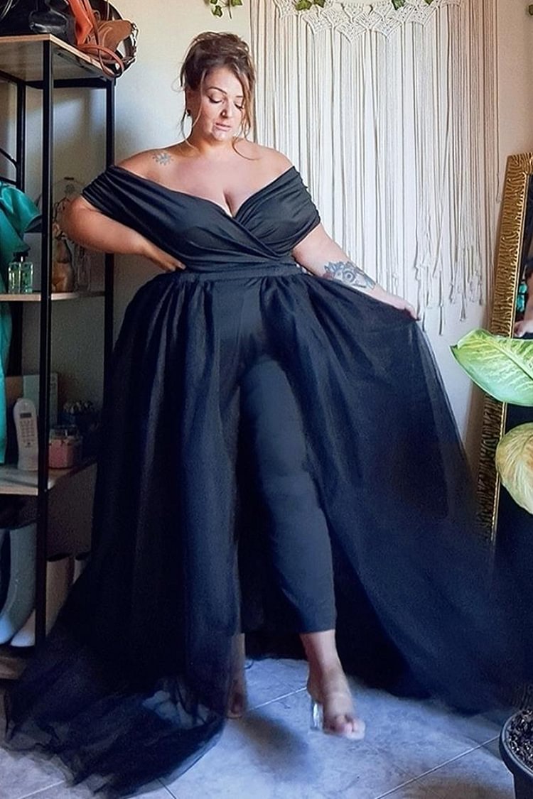 Xpluswear Plus Size Formal Casual Black Off The Shoulder V Neck Tulle Jumpsuit (With Tulle Skirts)