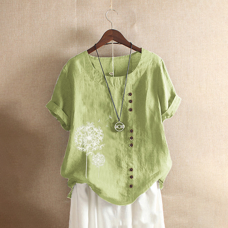 Wicketwarriorss Leisure Dandelion Print Blouse Lady Summer Retro Casual Loose Short Sleeved Pullover Cotton Linen Shirt For Women's Clothing