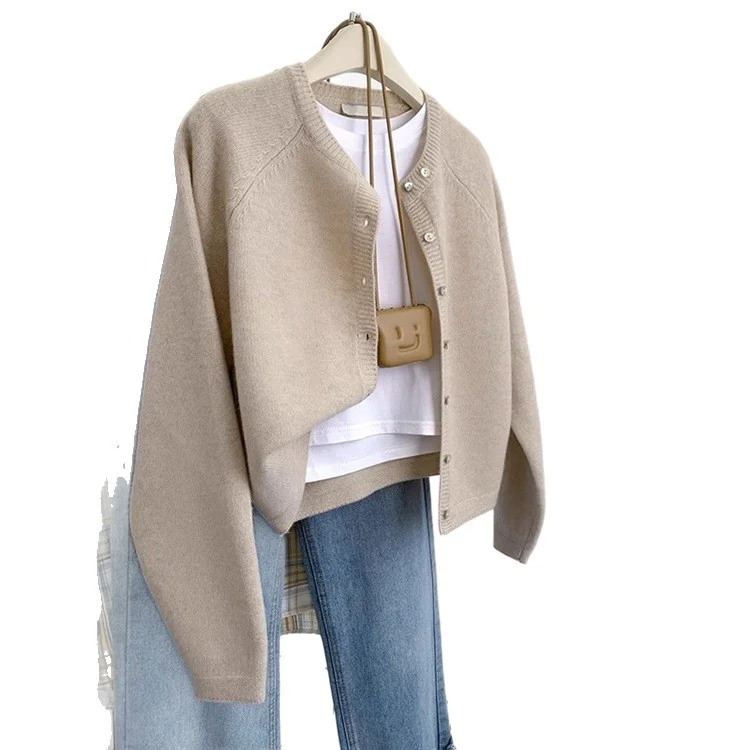 Athvotar Athvotar Glutinous Solid Color Simple Short Design Knitted Cardigan Women 2025 Autumn And Winter Small Man Top Sweater Jacket