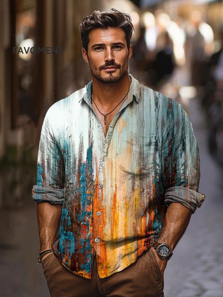 Vintage Sunset Forest Abstract Ink Splash Art Print 100% Cotton Long Sleeve Shirt Multicolor / S
