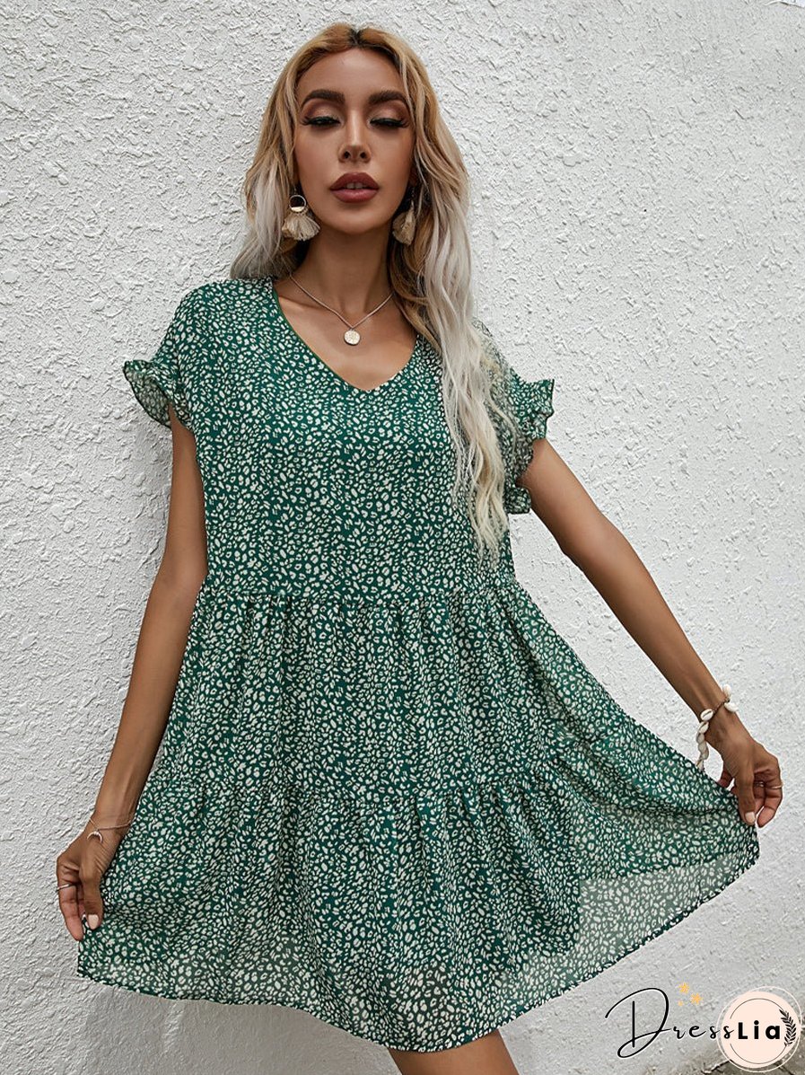 Chiffon Loose V Neck Short Sleeve Mini Dress