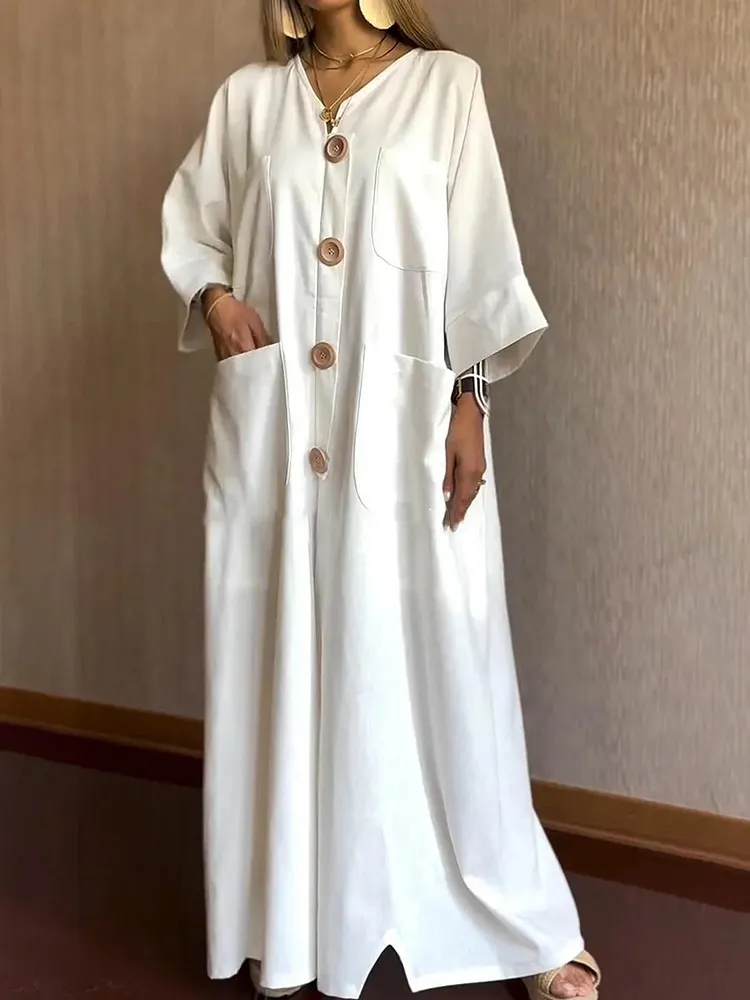 Women's Casual Loose Pocket Button Cotton Linen Dress 