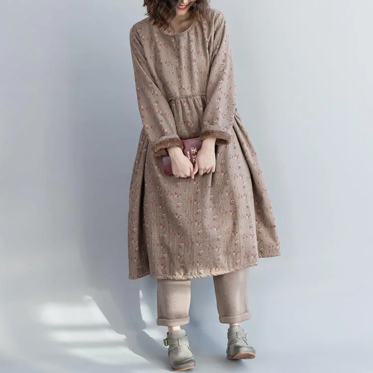 Unique khaki floral linen cotton dresses fine Christmas Gifts Kaftan o neck Cinched Dress
