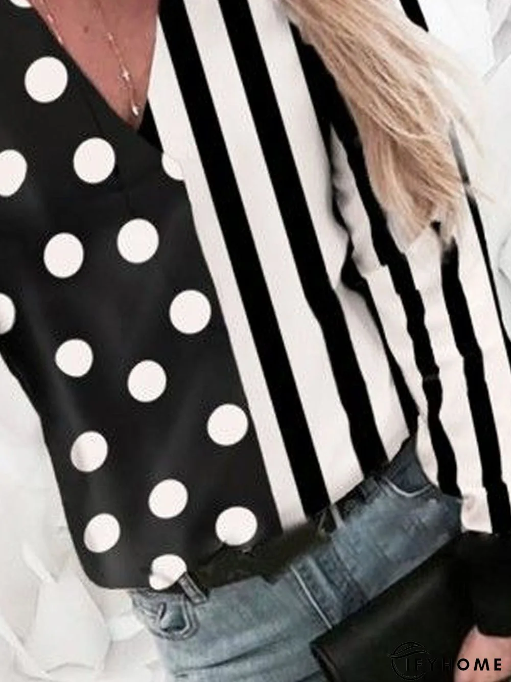 Color-block Polka Dots Striped Printed Long Sleeve Casual Top | IFYHOME