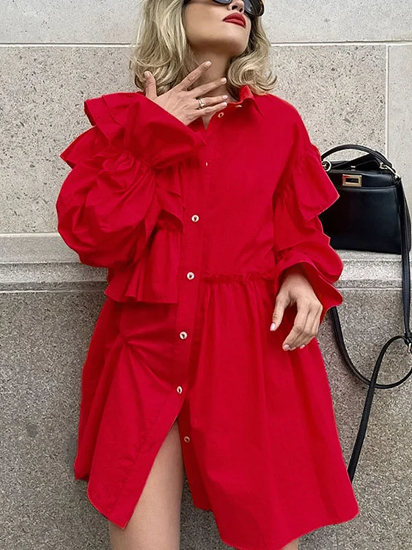 High-Low Long Sleeves Asymmetric Buttoned Elasticity Layered Ruffled Solid Color Lapel Mini Dresses