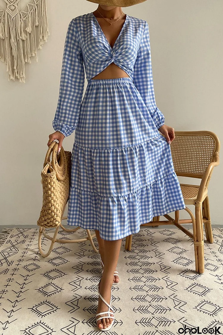 Plaid Cutout Twist Front Midi Dress