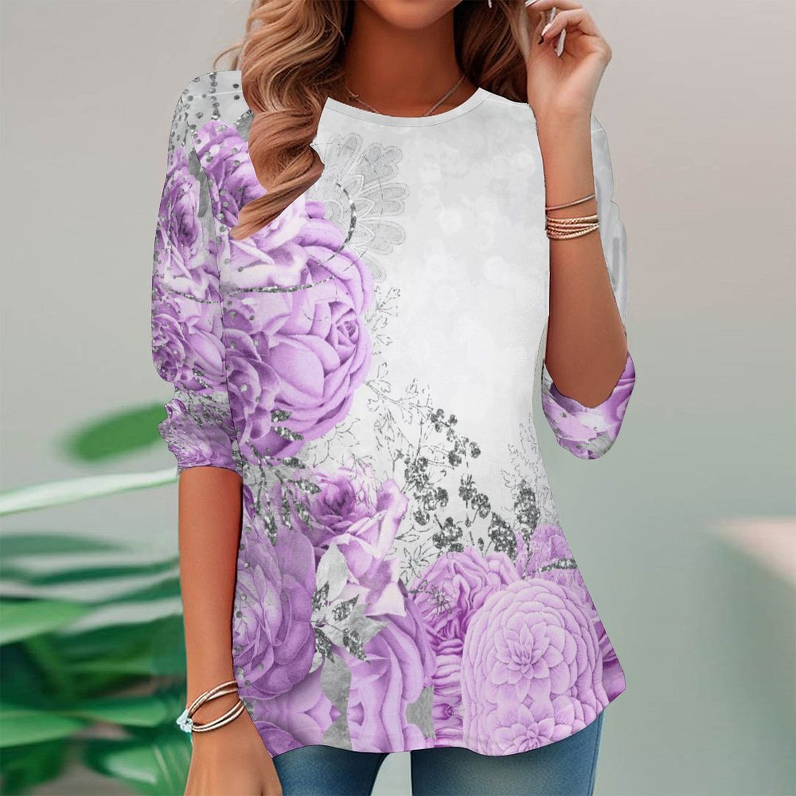 Women Long Sleeve V-neck Graphic Floral Printed Top