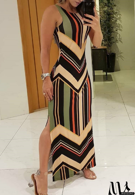 MidiSono - Women's Printed Sleeveless Slit Dress