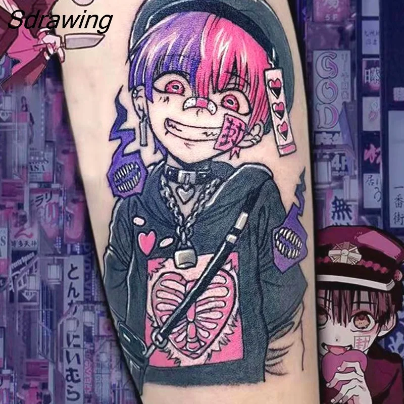 Sdrawing Temporary Tattoo Sticker Anime Cartoon Cute Pink Hair Girl Flower Necklace Fake Tatto Flash Tatoo Art for Women Men