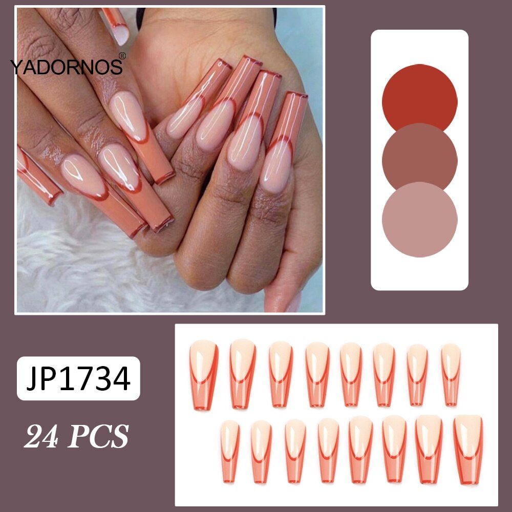 Agreedl On Nails 2022 Glossy False Nails French Orange Edge Simple French Fake Nails for Women Girls Artificial Nails Wearable