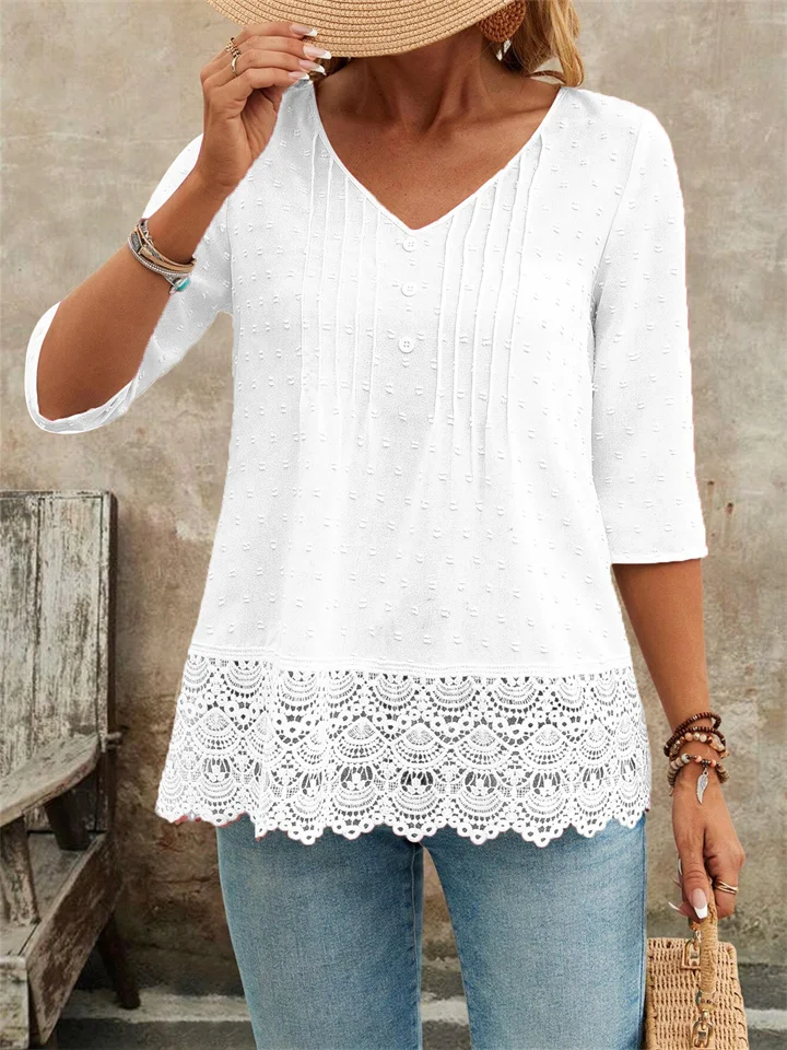 New Mori Hollow Out Embroidered Lace Short Fashion Casual Women's Shirt-JRSEE