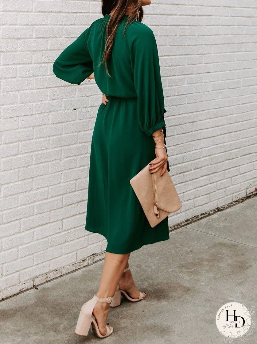 Round Neck Belted Long Sleeve Dress