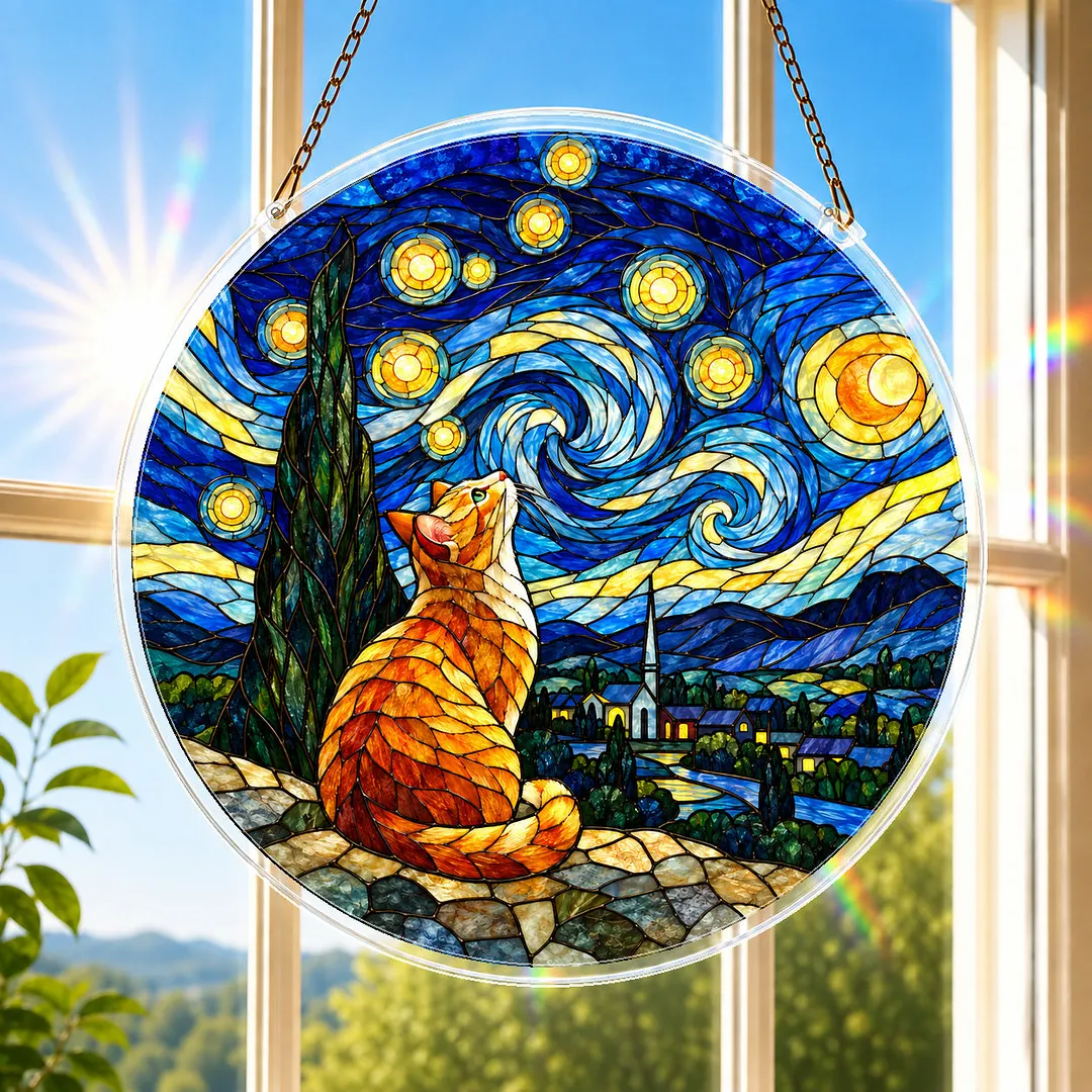 Moonlit Stars Cat Stained Glass Suncatcher Puzzle