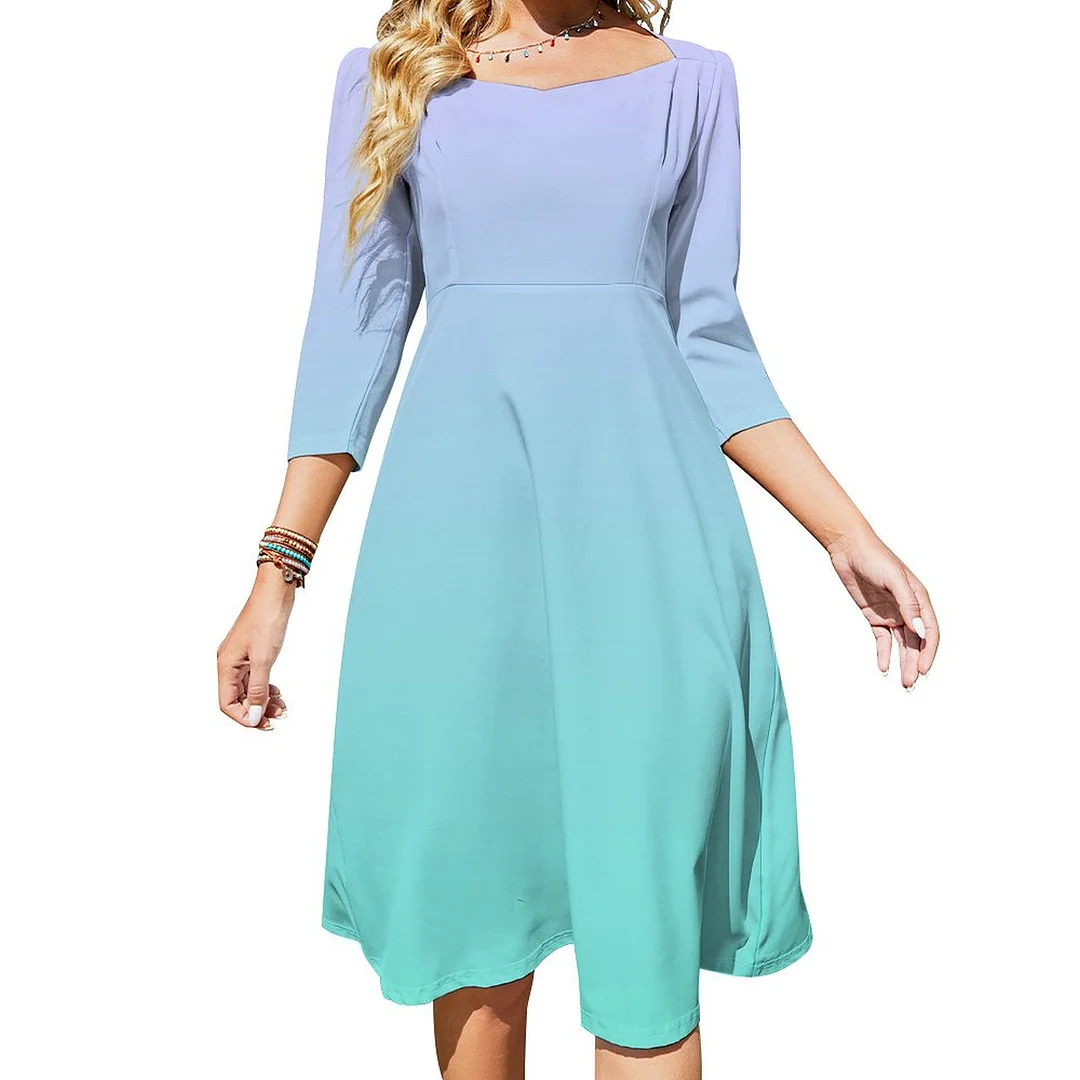 Modern Pastel Periwinkle Light Turquoise Ombre Dress Sweetheart Tie Back Flared 3/4 Sleeve Midi Dresses