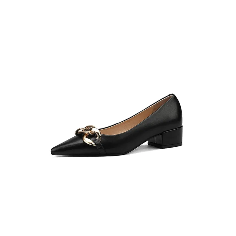 Meotina Genuine Leather Women Shoes Chain Thick Heels Pumps Pointed Toe Med Heel Ladies Footwear 2022 Spring Beige Apricot 42