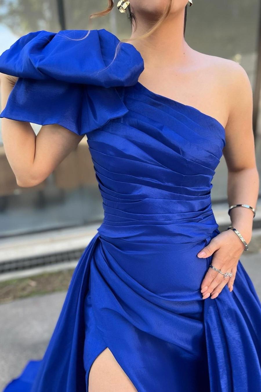 Daisda Chic Royal Blue Satin One Shoulder Sleeveless Long Pleated Prom ...