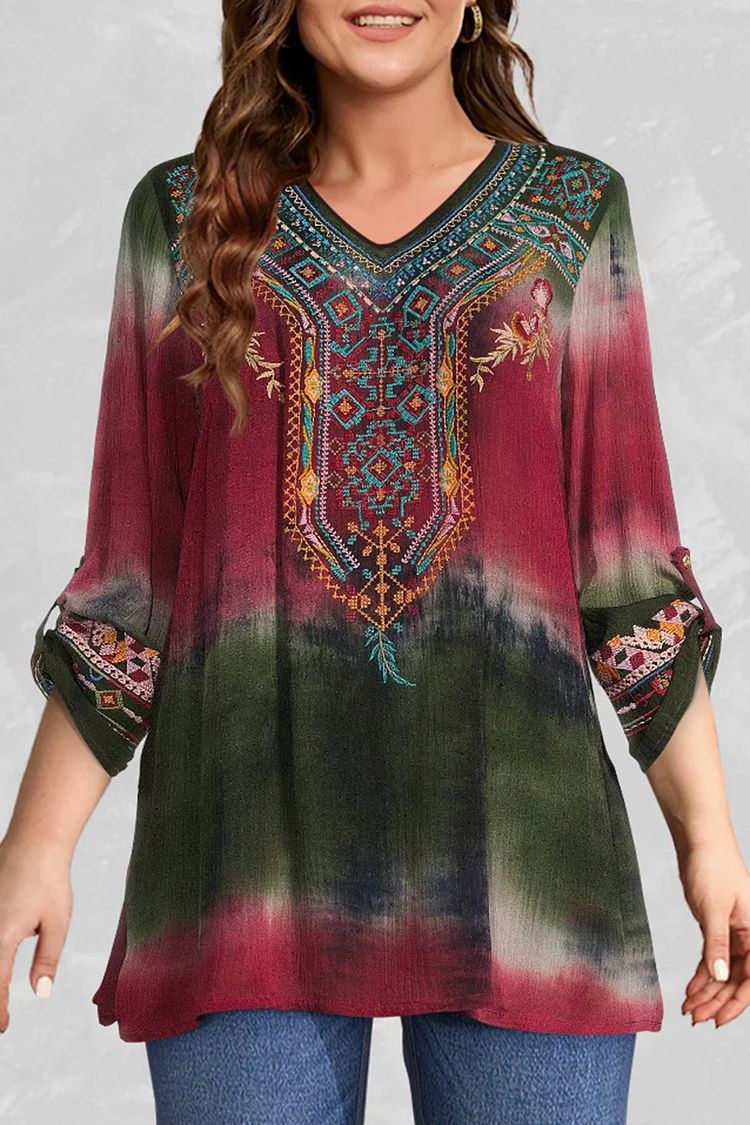 Flycurvy Plus Size Casual Red Roll Tab Tie Dye Tribal Print Blouse  Flycurvy [product_label]