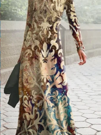 Women's Graphic Ethnic Print Scoop Neck Long Sleeve Midi Dress